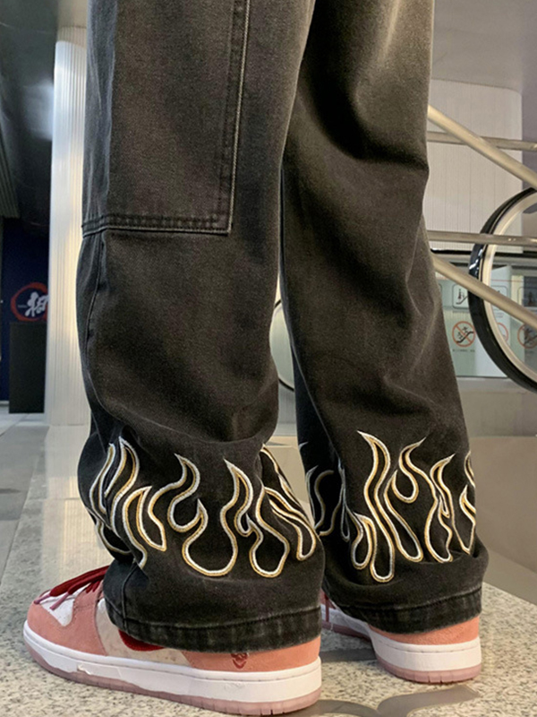 Men's Flame Print Straight Loose Jean-1