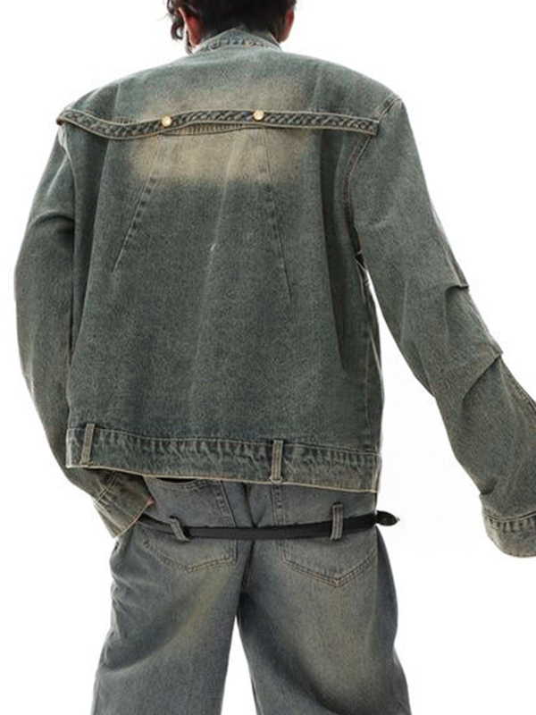 Men's Washed Pleated Collar Neck Short Denim Jacket-1