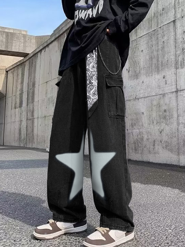 Men's Star Print Big Pocket Cargo Jeans-1