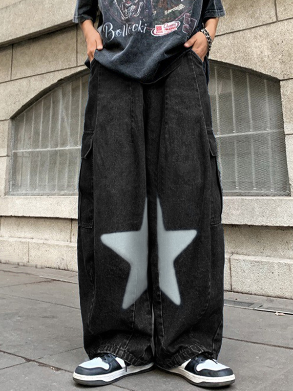 Men's Star Print Big Pocket Cargo Jeans-2