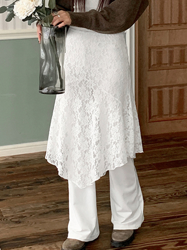 See Through Lace Splice Irregular Hem Midi Skirt-3