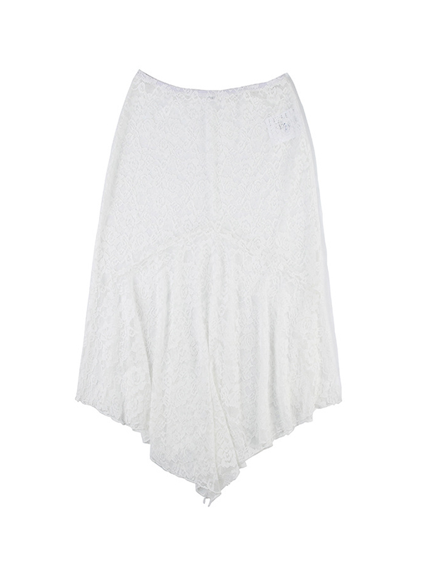 See Through Lace Splice Irregular Hem Midi Skirt-4