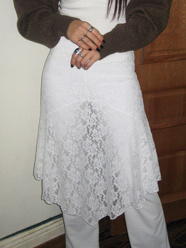 See Through Lace Splice Irregular Hem Midi Skirt-2