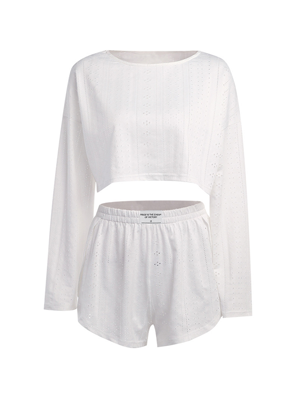 Solid Cutout Loose Long Sleeve Tee&Shorts Set-6