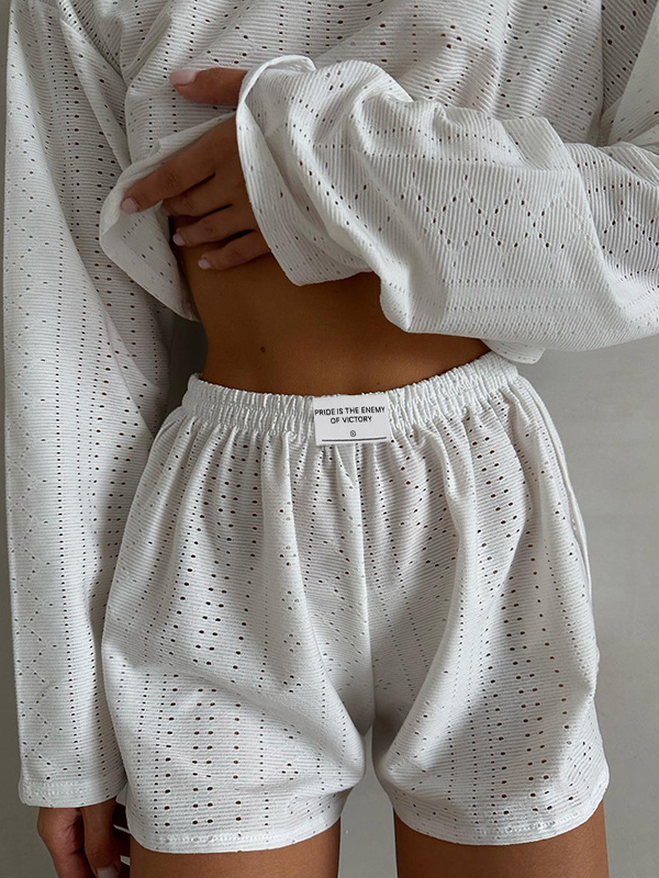 Solid Cutout Loose Long Sleeve Tee&Shorts Set-3