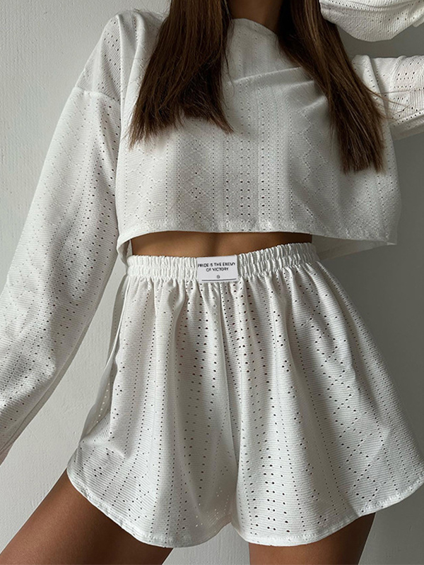 Solid Cutout Loose Long Sleeve Tee&Shorts Set-1