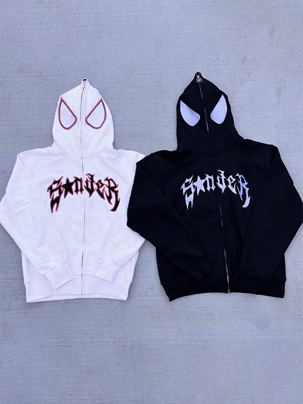 Men's Punk Spider Print Full Zip Oversized Hoodie-1