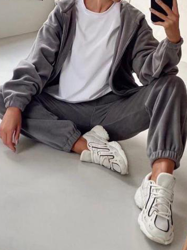 Solid Zip Up Oversized Hoodie&Bound Feet Sweatpants Set-1