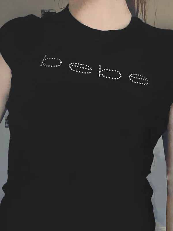 Letter Rhinestone Print Pullover Slim Short Sleeve Tee-1