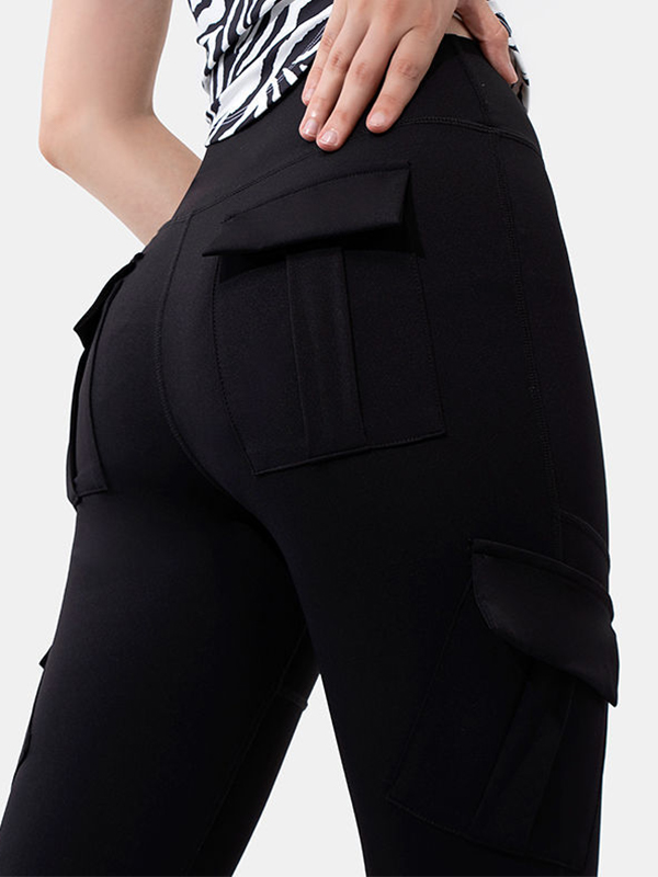 Solid Multi Pocket High Rise Flare Leg Pants-3