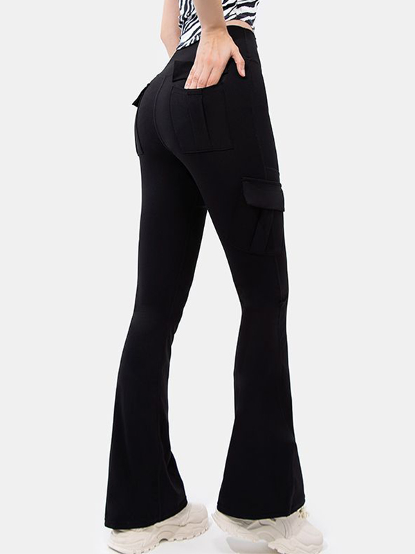 Solid Multi Pocket High Rise Flare Leg Pants-1