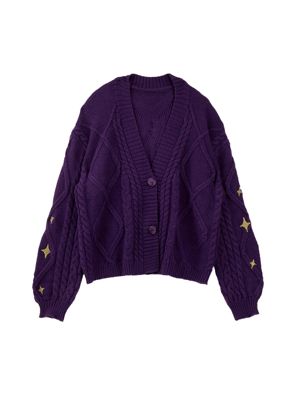 Star Embroidered Print Cable Knit V Neck Cardigan-1