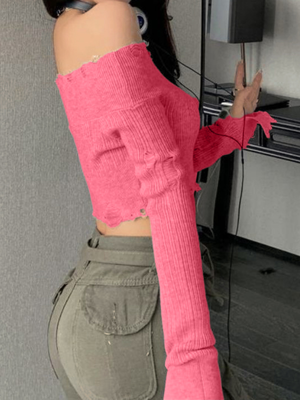 Solid Tattered Off Shoulder Long Sleeve Knit-1